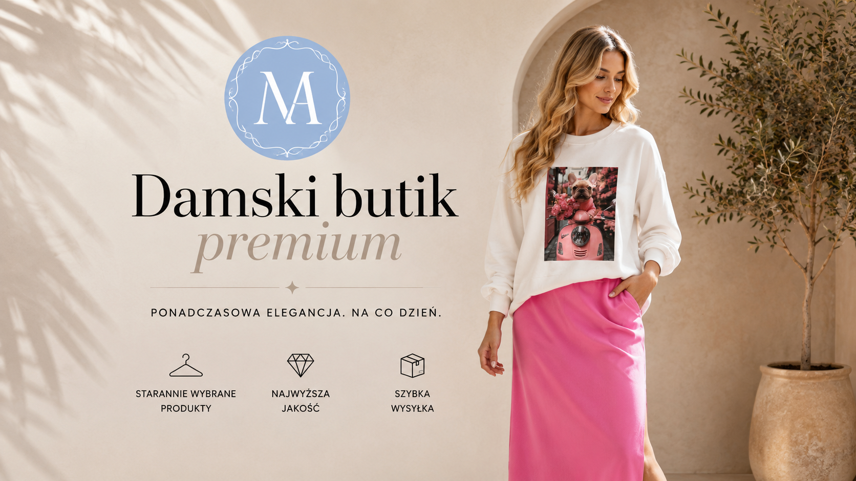 Jasne wnętrze butiku premium w bieli i jasnym błękicie